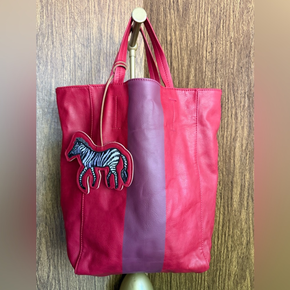 Saks Fifth Avenue Faux Leather Colorblock Tote Bag Red Pink with Zebra Charm